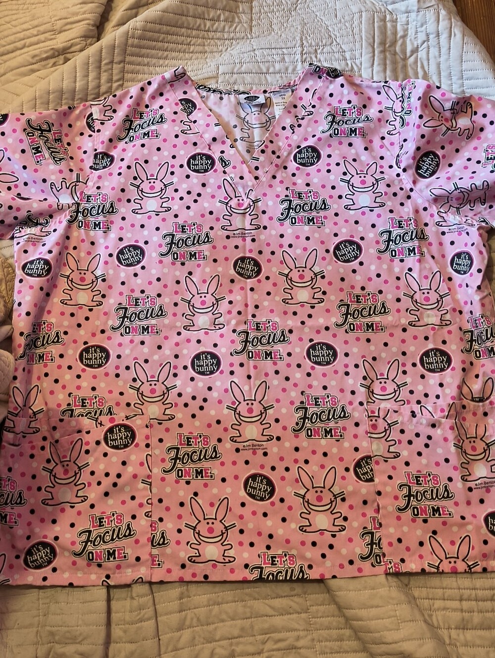 SCRUB TOP Happy Bunny "Let's Focus On Me" PINK V-neck scrub top. Size 2X